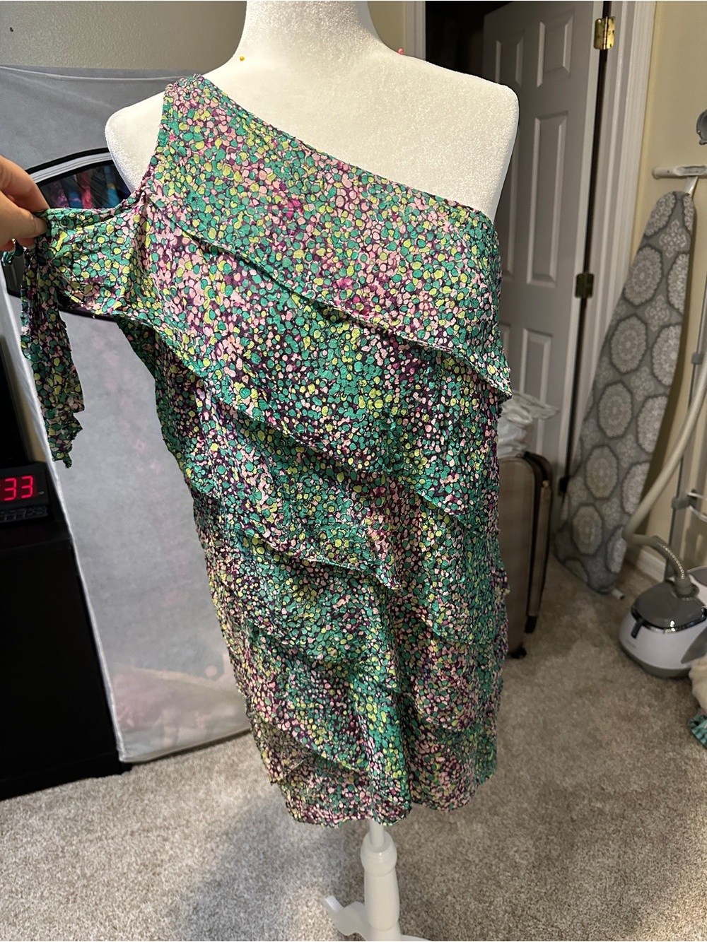 BCBG One-Shoulder Floral Ruffle Dress in Green Multi